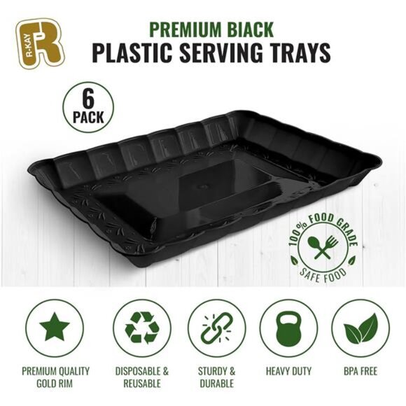 Black Serving Trays 6 Pack Plastic Party Platters Buffet Catering 9x13 Inches - Picture 5 of 6